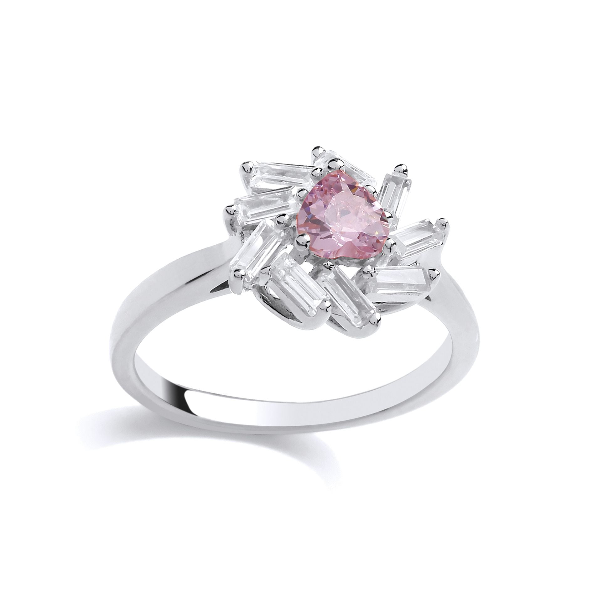Silver  Pink Baguette CZ Sunburst Love Heart Cluster Ring - GVR840