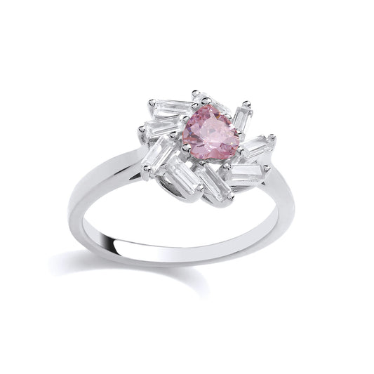 Silver  Pink Baguette CZ Sunburst Love Heart Cluster Ring - GVR840