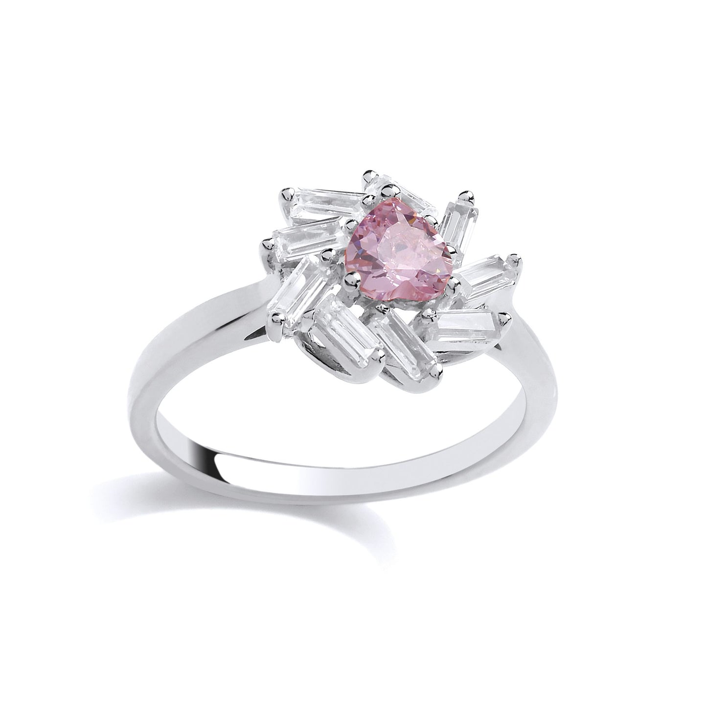 Silver  Pink Baguette CZ Sunburst Love Heart Cluster Ring - GVR840