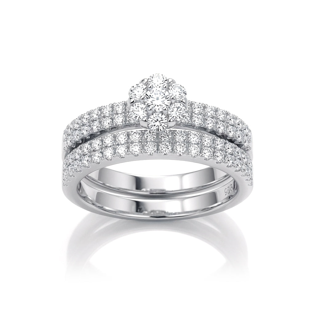 Silver  CZ Daisy Cluster dual Eternity Wedfit Bridal Rings Set - GVR842