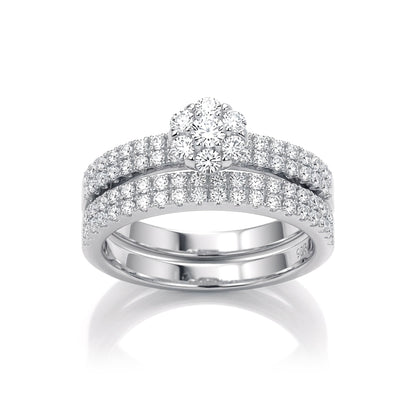 Silver  CZ Daisy Cluster dual Eternity Wedfit Bridal Rings Set - GVR842