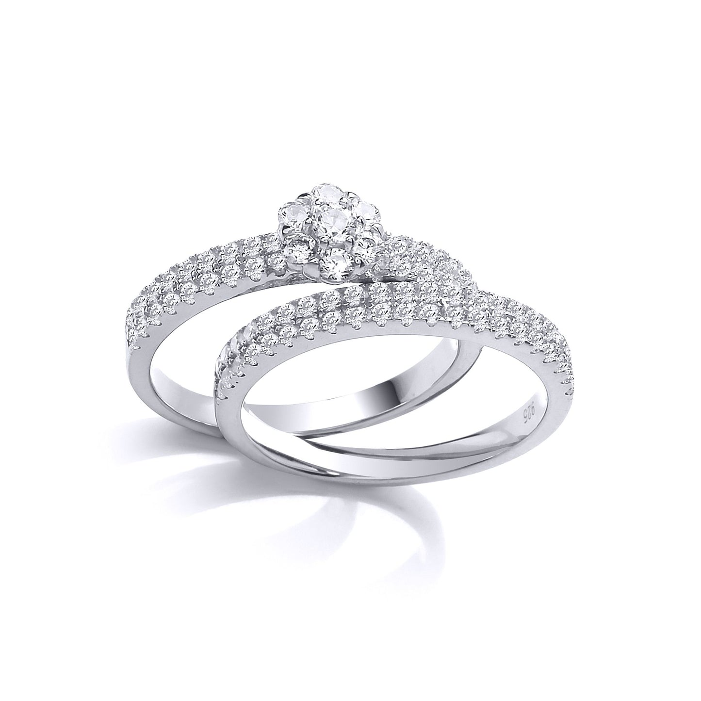Silver  CZ Daisy Cluster dual Eternity Wedfit Bridal Rings Set - GVR842