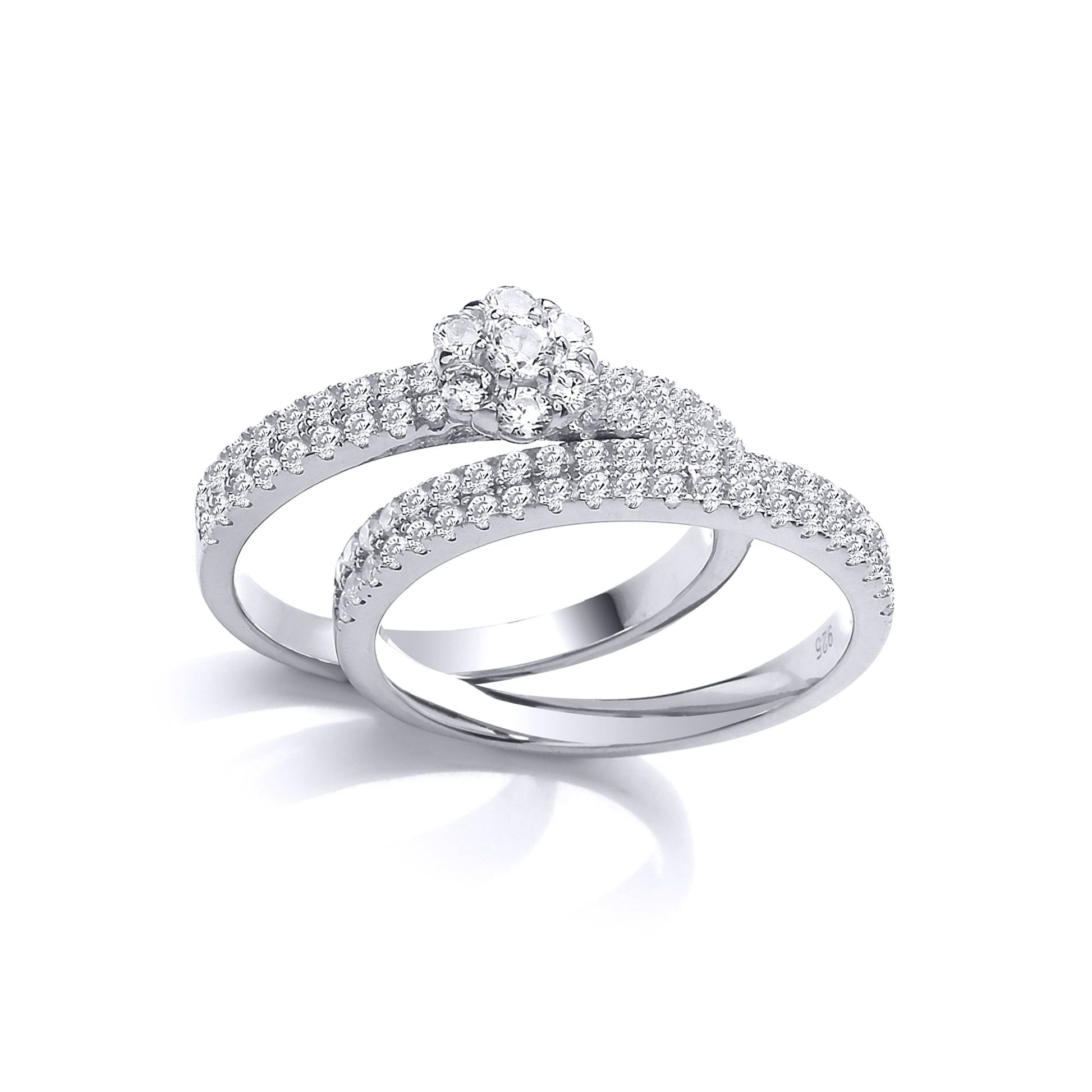 Silver  CZ Daisy Cluster dual Eternity Wedfit Bridal Rings Set - GVR842