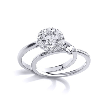 Silver  CZ Halo Love Heart Solitaire Wedfit Bridal Rings Set - GVR843
