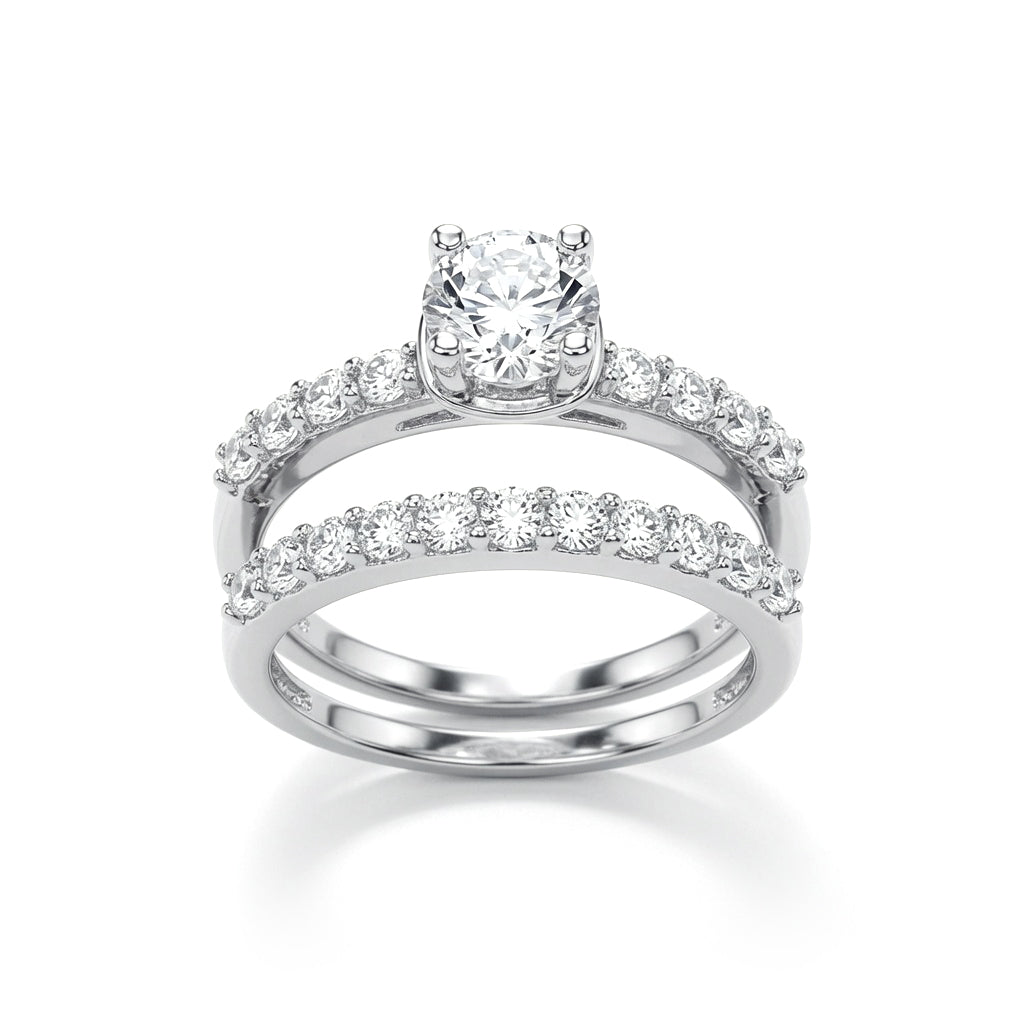 Silver  CZ Solitaire Eternity Wedfit Bridal Rings Set - GVR844