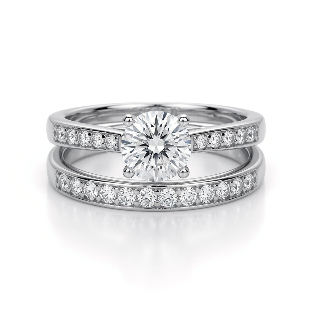 Silver  CZ Solitaire Eternity Wedfit Bridal Rings Set - GVR845