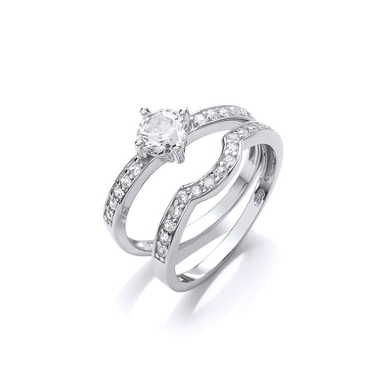 Silver  CZ Solitaire Eternity Curve Shaped Fit Bridal Rings Set - GVR846