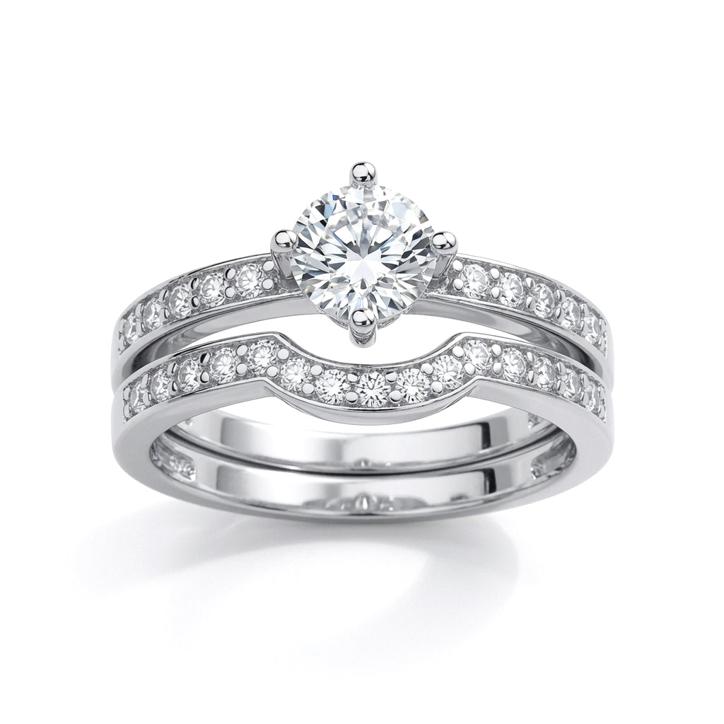 Silver  CZ Solitaire Eternity Curve Shaped Fit Bridal Rings Set - GVR846