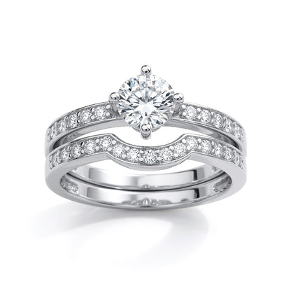 Silver  CZ Solitaire Eternity Curve Shaped Fit Bridal Rings Set - GVR846