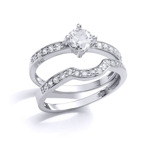 Silver  CZ Solitaire Eternity Curve Shaped Fit Bridal Rings Set - GVR846