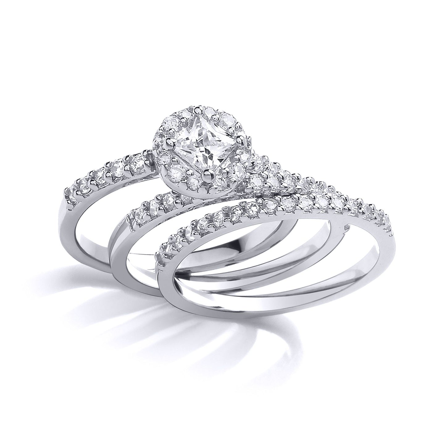 Silver  Princess CZ Halo Cluster Trilogy Wedfit Bridal Rings Set - GVR847