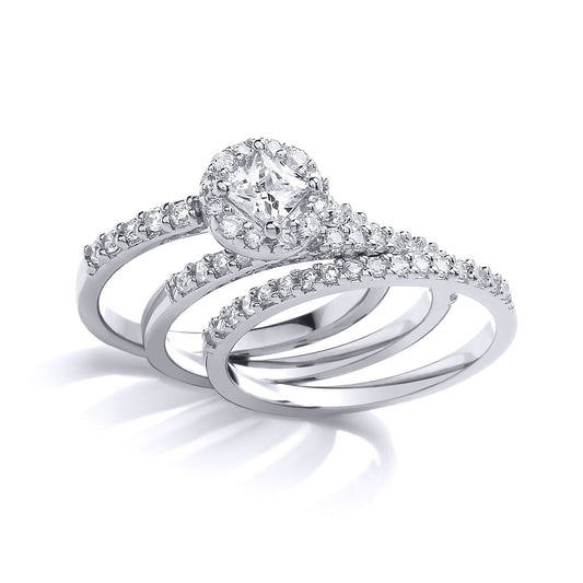Silver  Princess CZ Halo Cluster Trilogy Wedfit Bridal Rings Set - GVR847