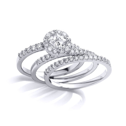 Silver  Princess CZ Halo Cluster Trilogy Wedfit Bridal Rings Set - GVR847