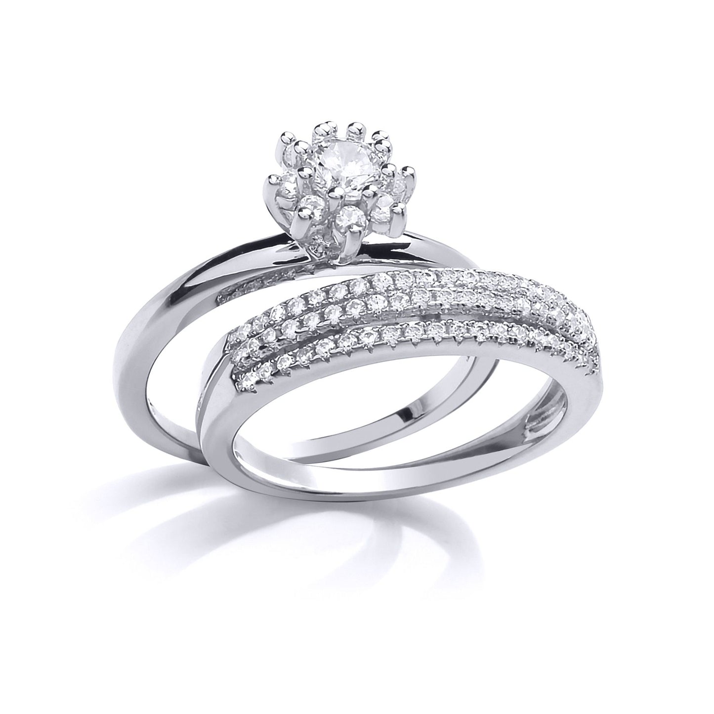 Silver  CZ Classic Cluster Tiered Eternity Wedfit Bridal Rings Set - GVR848