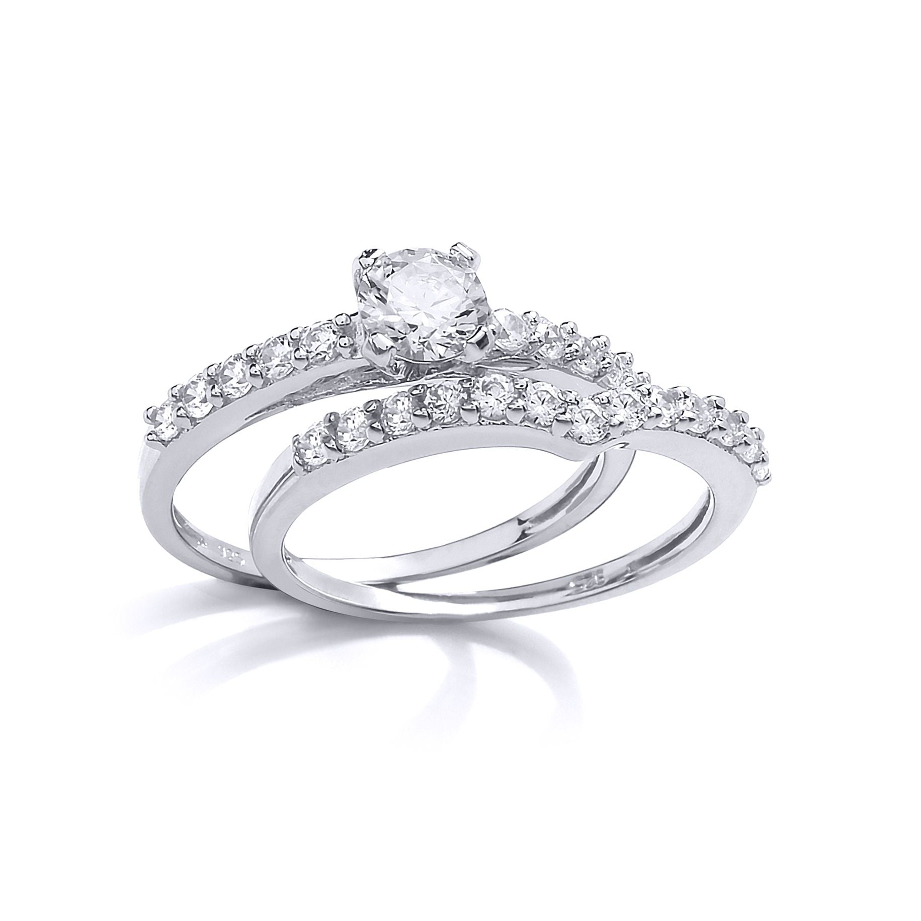 Silver  CZ Solitaire Wishbone Eternity Bridal Rings Set - GVR849