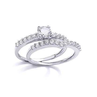 Silver  CZ Solitaire Wishbone Eternity Bridal Rings Set - GVR849