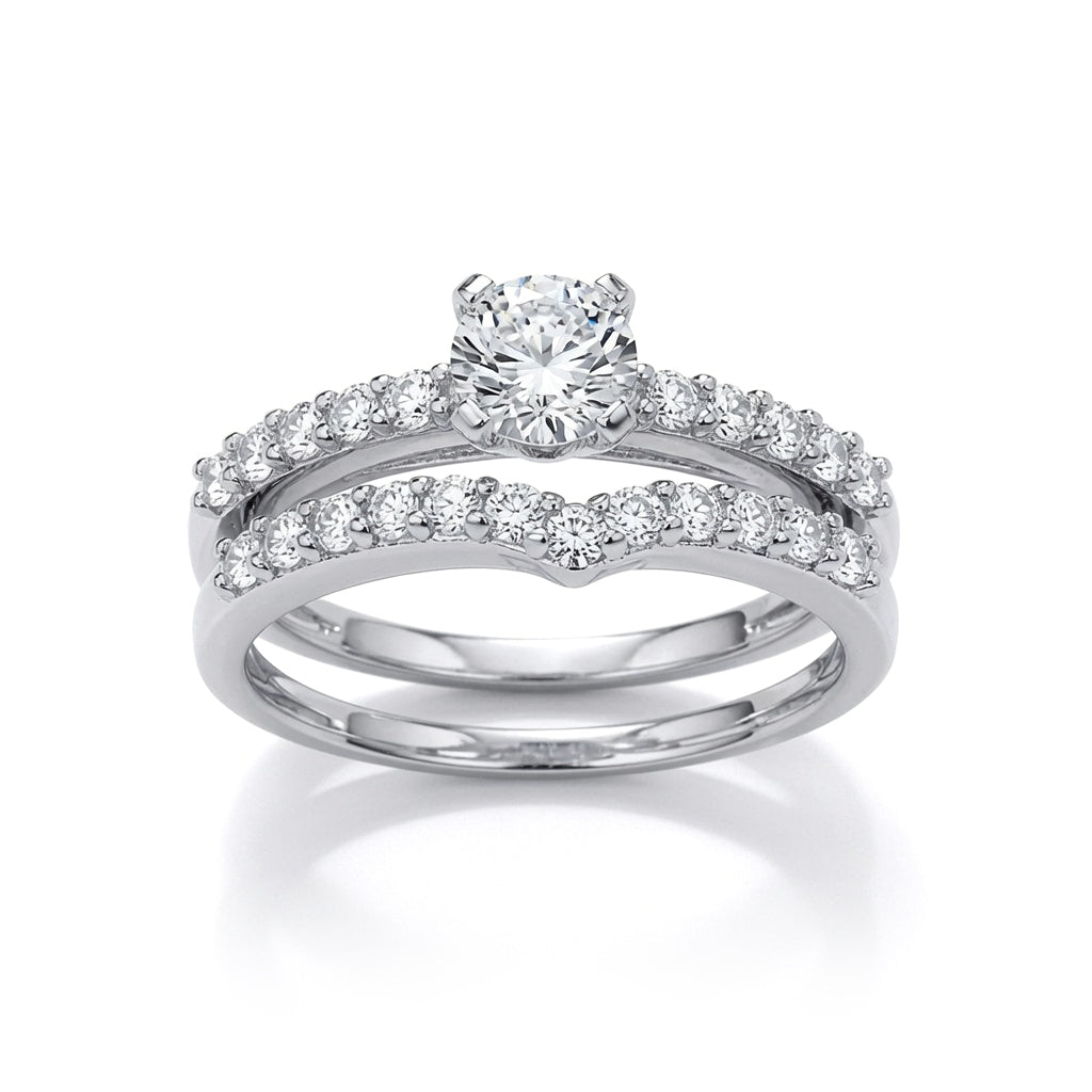 Silver  CZ Solitaire Wishbone Eternity Bridal Rings Set - GVR849