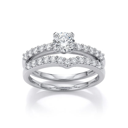 Silver  CZ Solitaire Wishbone Eternity Bridal Rings Set - GVR849
