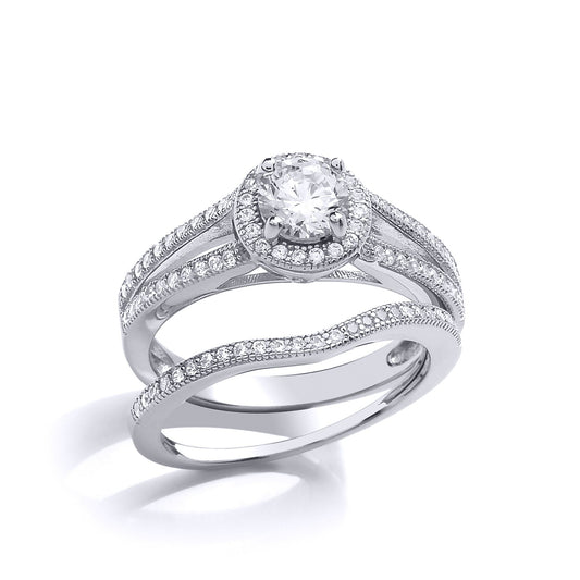 Silver CZ Solitaire Eternity Curve Shaped Fit Bridal Rings Set - GVR850