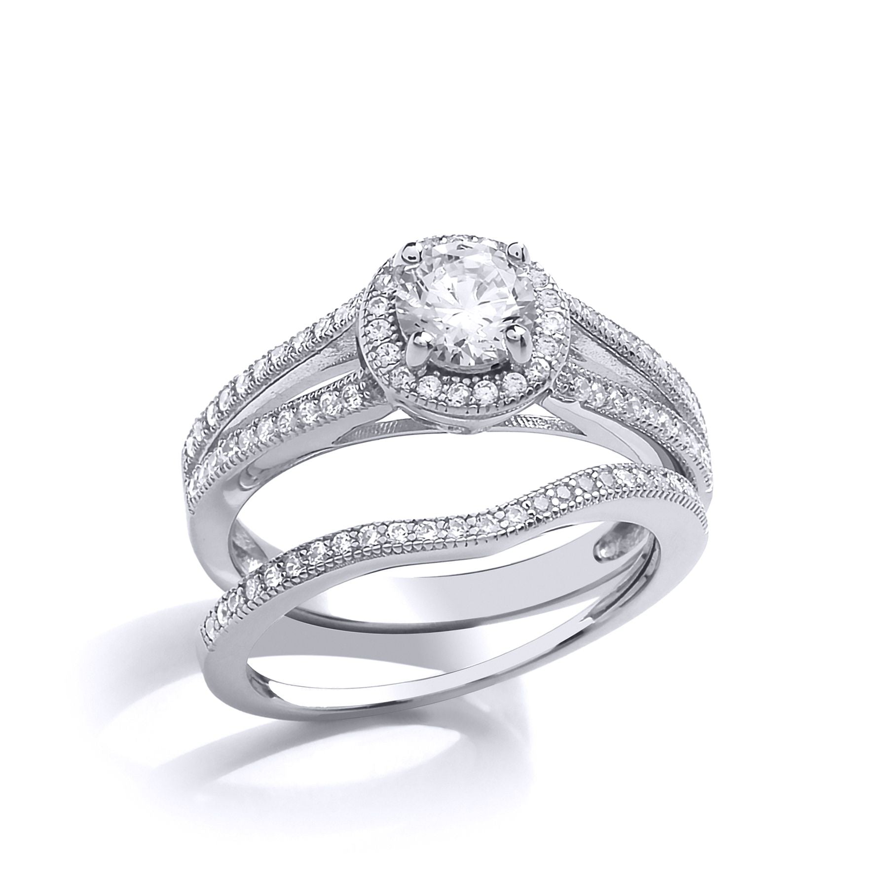 Silver  CZ Solitaire Eternity Curve Shaped Fit Bridal Rings Set - GVR850