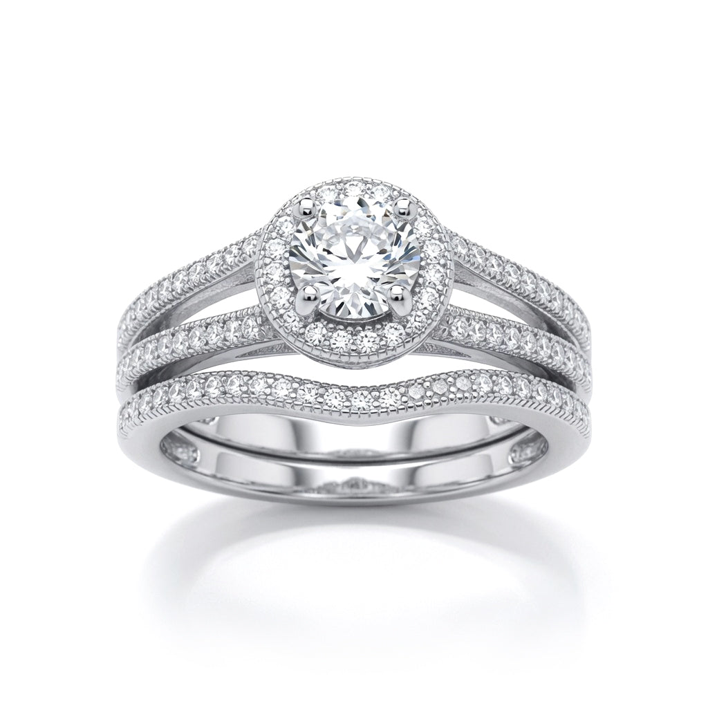 Silver  CZ Solitaire Eternity Curve Shaped Fit Bridal Rings Set - GVR850