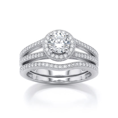 Silver  CZ Solitaire Eternity Curve Shaped Fit Bridal Rings Set - GVR850