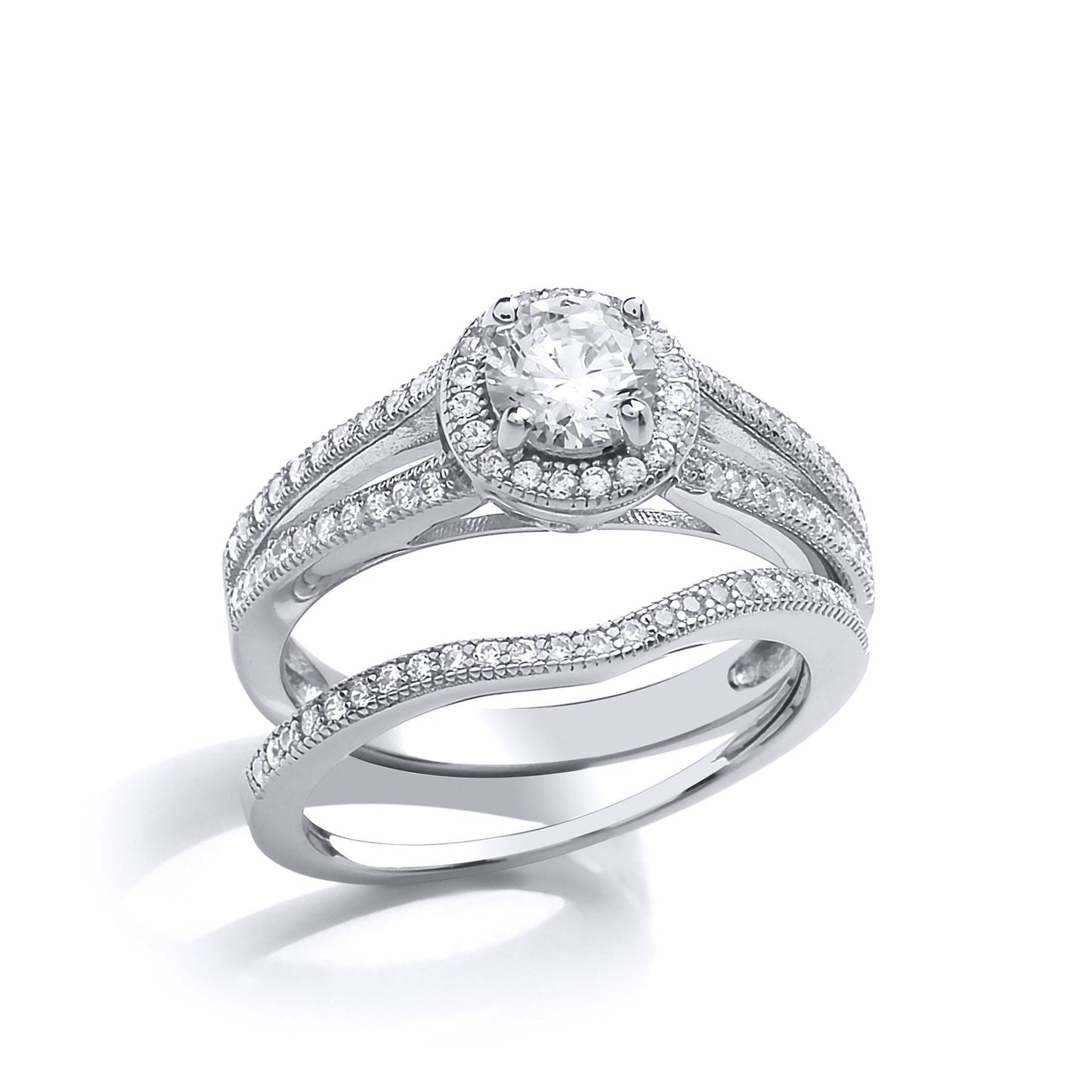 Silver  CZ Solitaire Eternity Curve Shaped Fit Bridal Rings Set - GVR850
