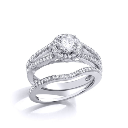 Silver  CZ Solitaire Eternity Curve Shaped Fit Bridal Rings Set - GVR850