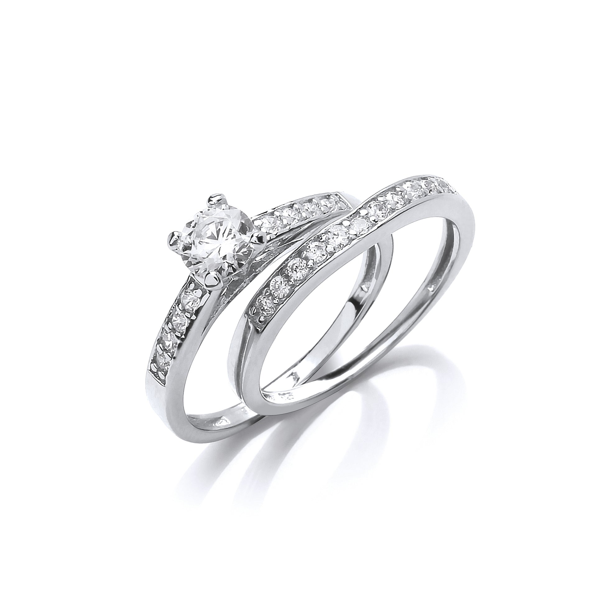 Silver  CZ 6mm Solitaire Wishbone Eternity Bridal Rings Set - GVR851