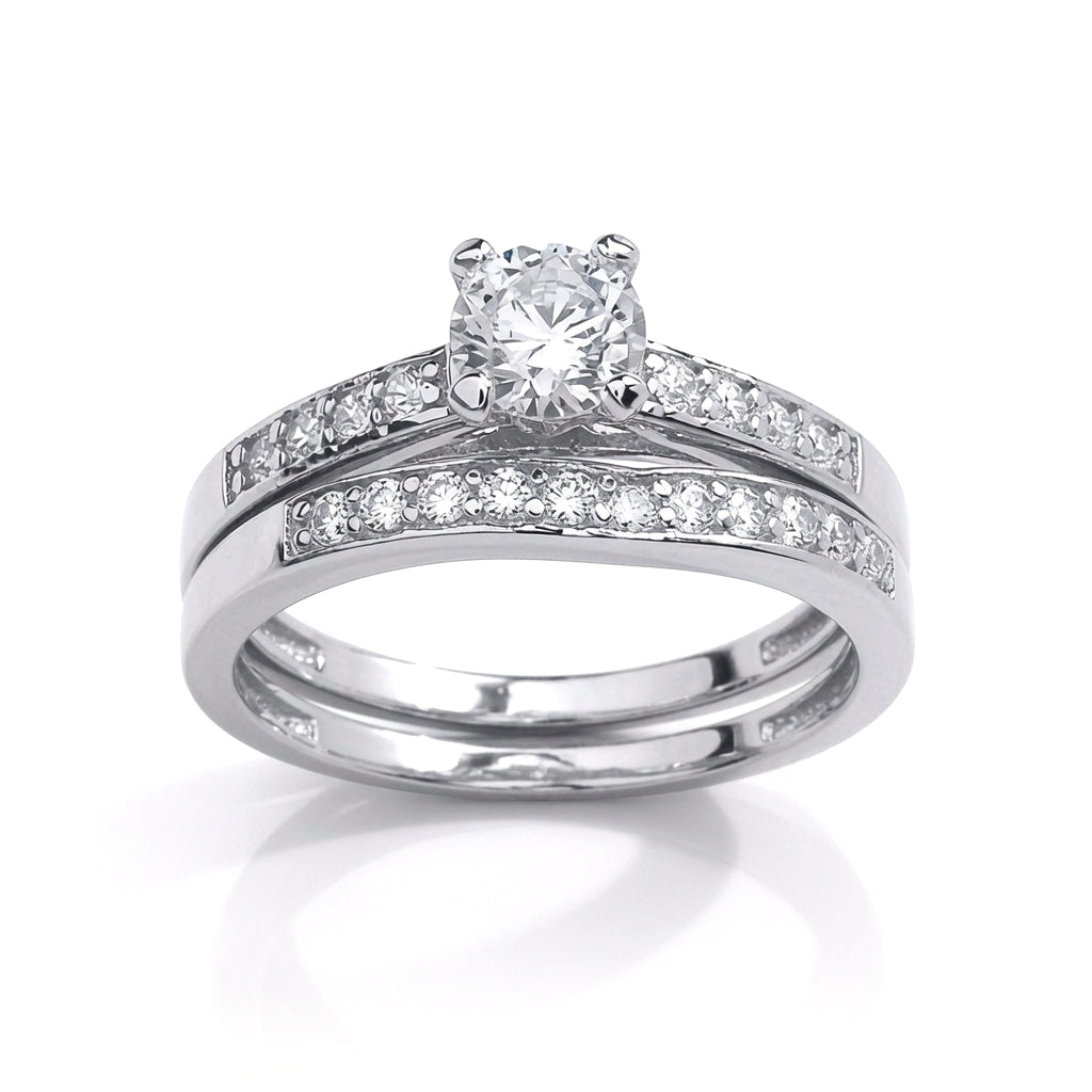Silver  CZ 6mm Solitaire Wishbone Eternity Wedfit Bridal Rings Set - GVR851