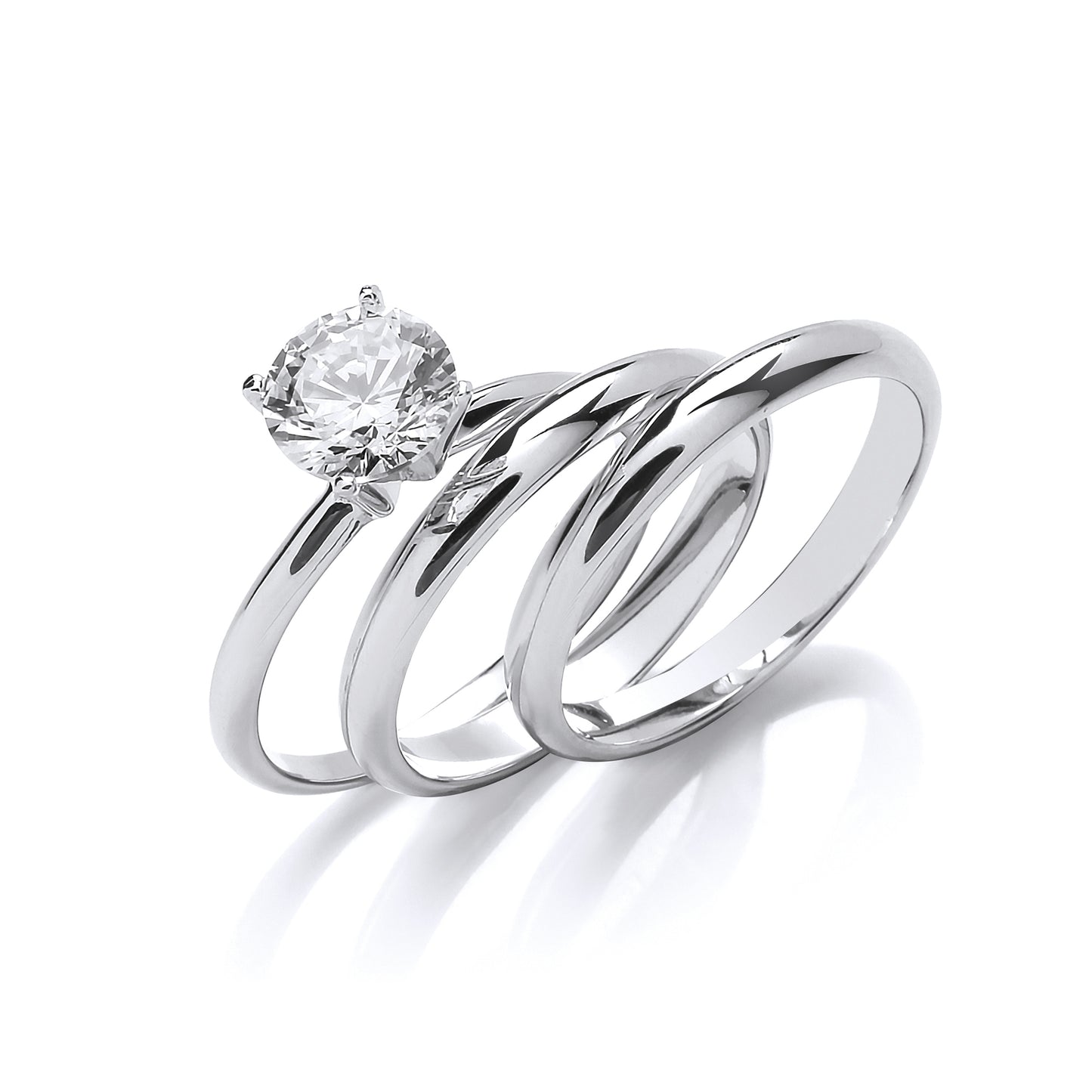 Silver  CZ Solitaire Triple Band Bridal Rings Set - GVR852