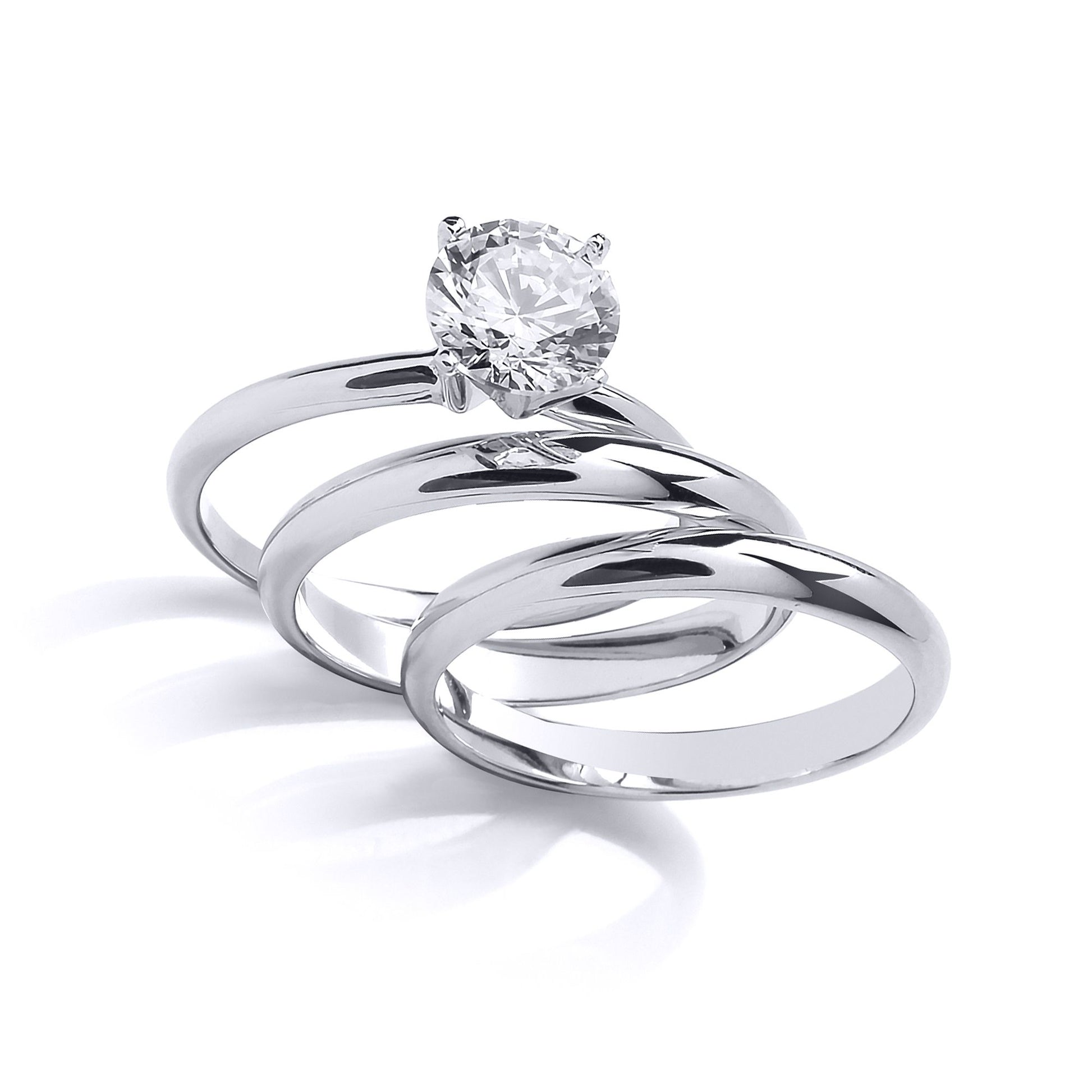Silver  CZ Solitaire Triple Band Bridal Rings Set - GVR852