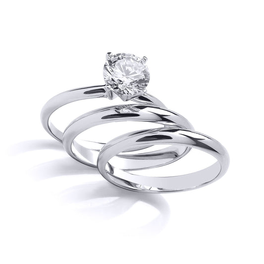 Silver  CZ Solitaire Triple Band Bridal Rings Set - GVR852