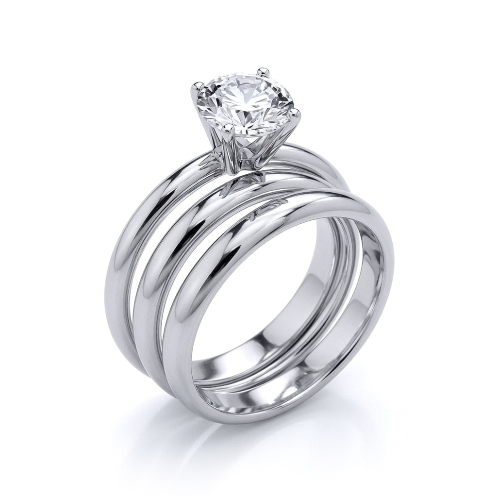 Silver  CZ Solitaire Triple Band Bridal Rings Set - GVR852