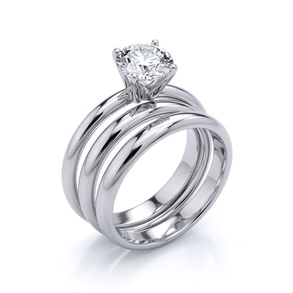 Silver  CZ Solitaire Triple Band Bridal Rings Set - GVR852