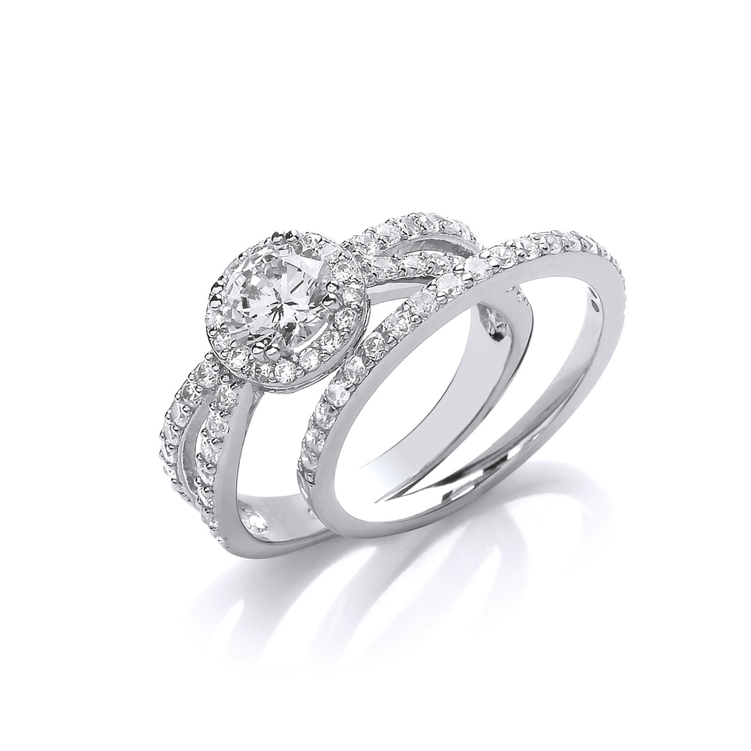 Silver  CZ Crossover Solitaire Halo Eternity Bridal Rings Set - GVR854