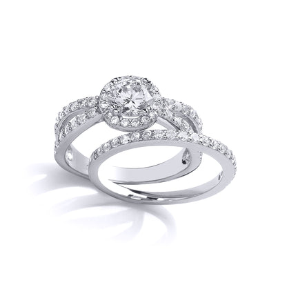 Silver  CZ Crossover Solitaire Halo Eternity Bridal Rings Set - GVR854