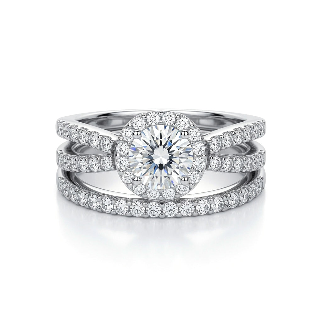 Silver  CZ Crossover Solitaire Halo Eternity Bridal Rings Set - GVR854