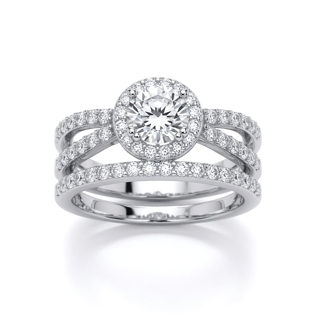 Silver  CZ Crossover Solitaire Halo Eternity Bridal Rings Set - GVR854