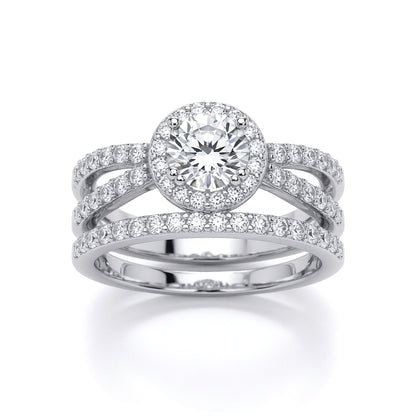 Silver  CZ Crossover Solitaire Halo Eternity Bridal Rings Set - GVR854