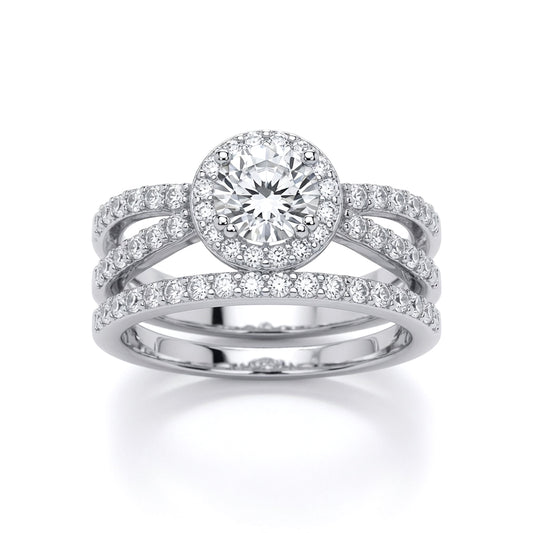 Silver  CZ Crossover Solitaire Halo Eternity Bridal Rings Set - GVR854