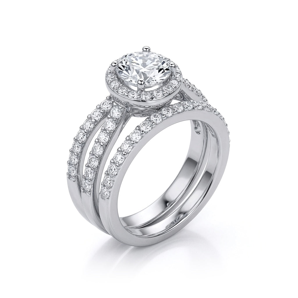 Silver  CZ Crossover Solitaire Halo Eternity Bridal Rings Set - GVR854