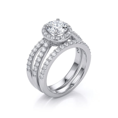 Silver  CZ Crossover Solitaire Halo Eternity Bridal Rings Set - GVR854