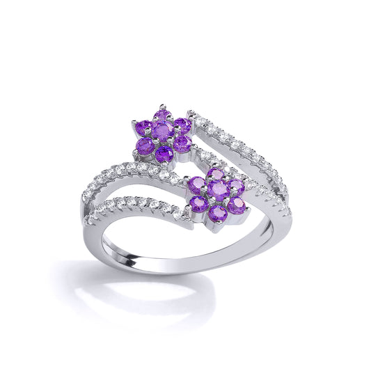 Silver  Lilac CZ Split Shoulder Twin Daisy Crossover Dress Ring - GVR856