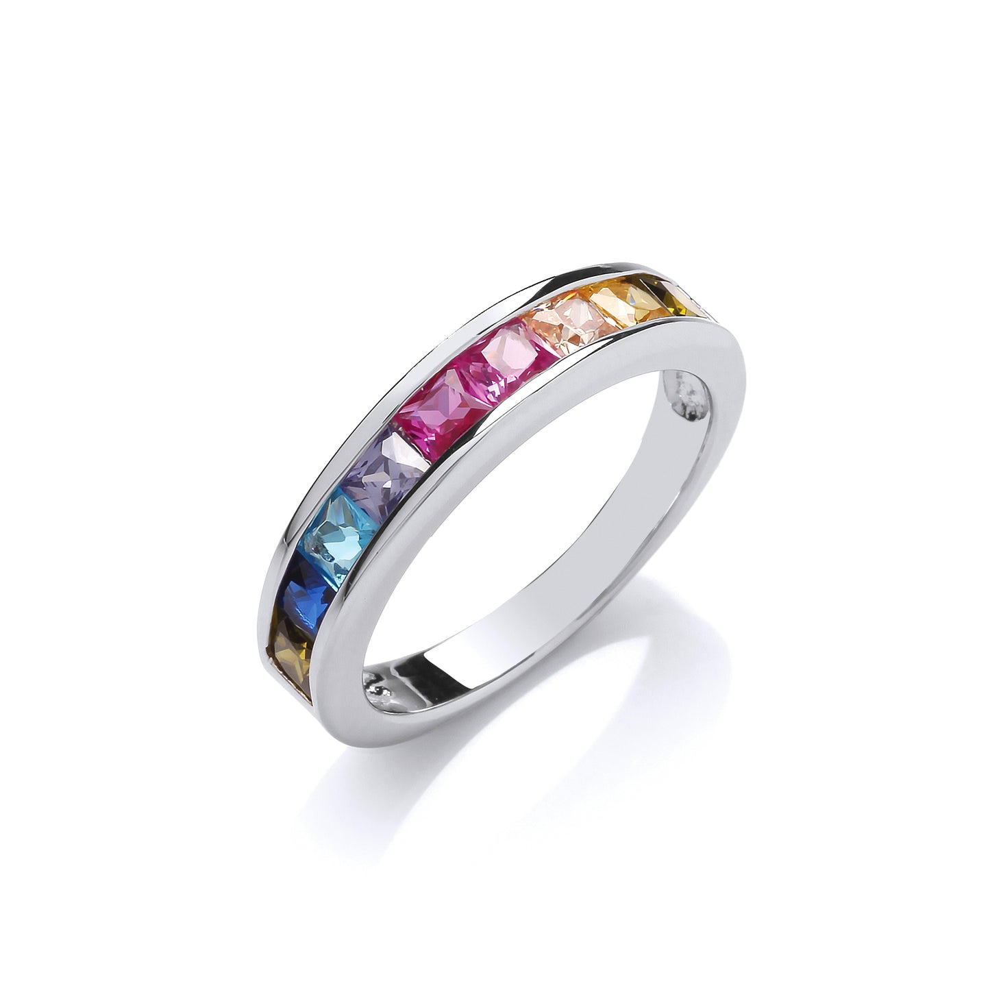 Unisex Silver  Multi Colour Princess CZ Rainbow Half Eternity Ring - GVR857