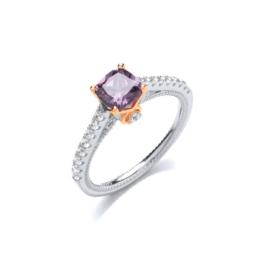 Rose Silver  Purple Cushion CZ Majestic Solitaire Dress Ring - GVR859