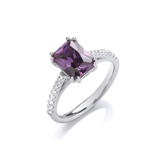 Silver  Purple Radiant Cut CZ Majestic Solitaire Dress Ring - GVR860