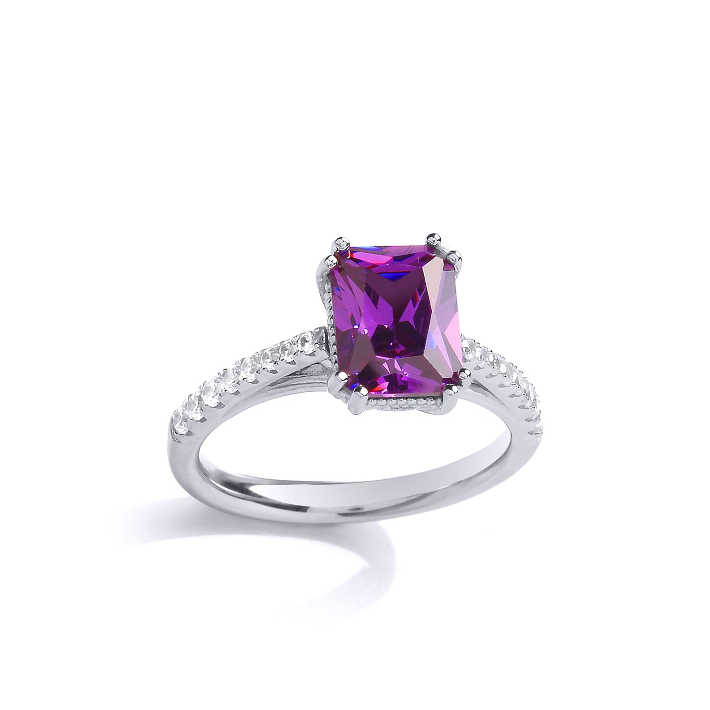 Silver  Purple Radiant Cut CZ Majestic Solitaire Dress Ring - GVR860