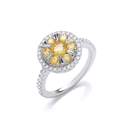 Silver  Yellow CZ Sunshine Fire Cluster Ring - GVR862