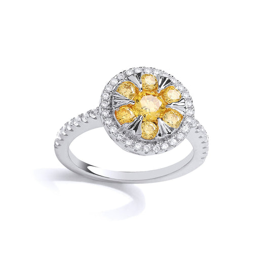 Silver  Yellow CZ Sunshine Fire Cluster Ring - GVR862